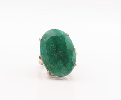 925 Sterling Silver Vintage Ring Minimalist Large Oval Green Gem Sz 8.5 RG29189