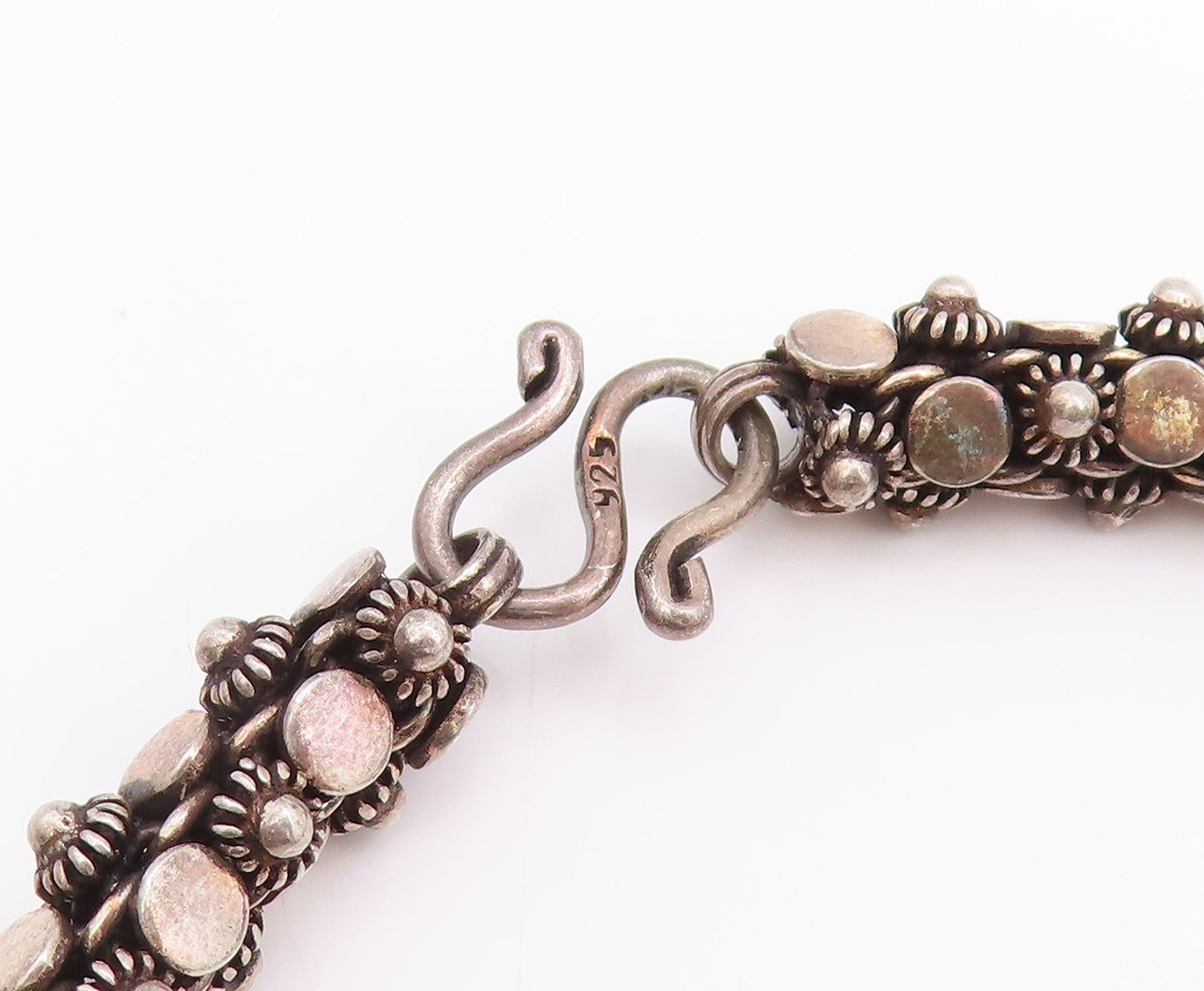 925 Sterling Silver Vintage Necklace Dark Tone Floral Beaded Rope Chain  NE4676