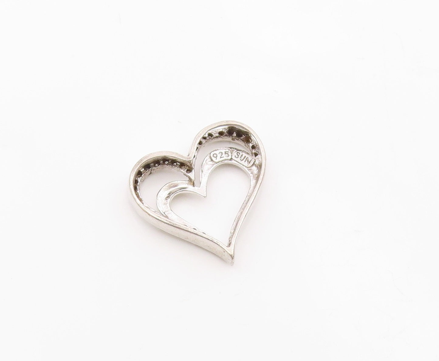 925 Sterling Silver  Vintage Genuine Diamonds Open Love Hearts Pendant  PT7516