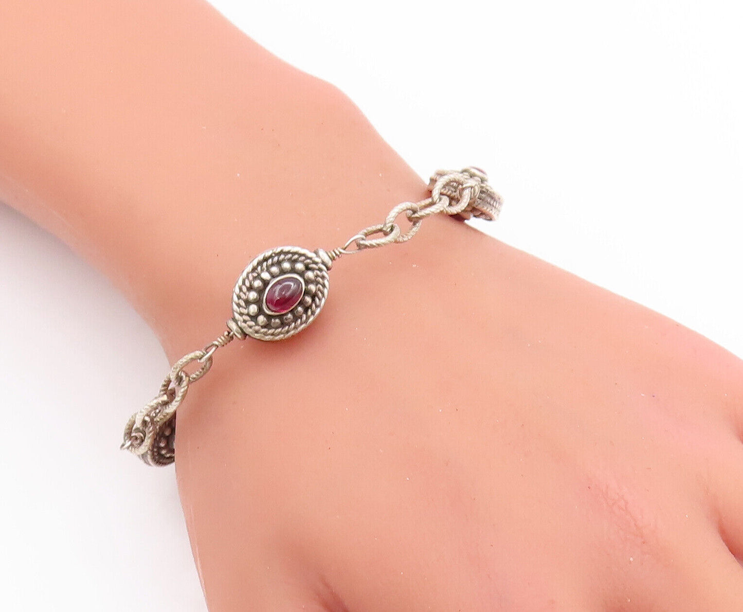 925 Sterling Silver Vintage Bracelet Beaded & Roped Oval Garnet  BT10631