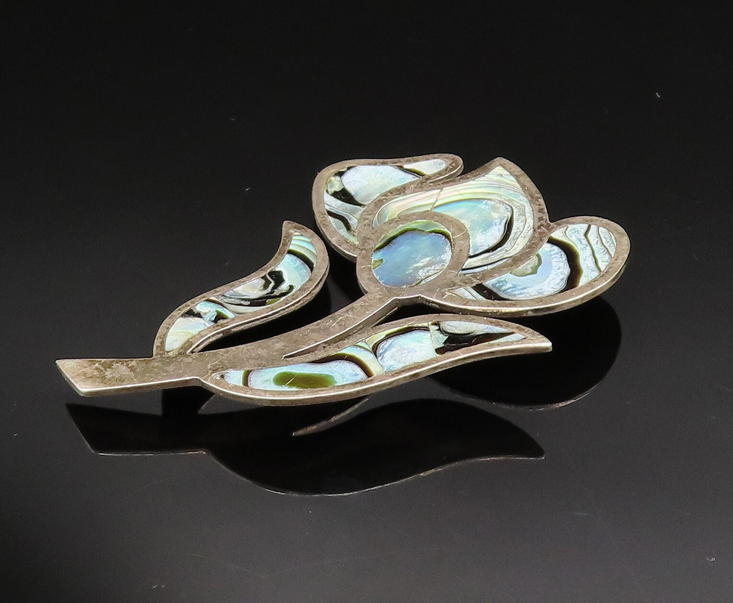 TAXCO 925 Sterling Silver  Vintage Inlaid Abalone Flower Brooch Pin  BP9679