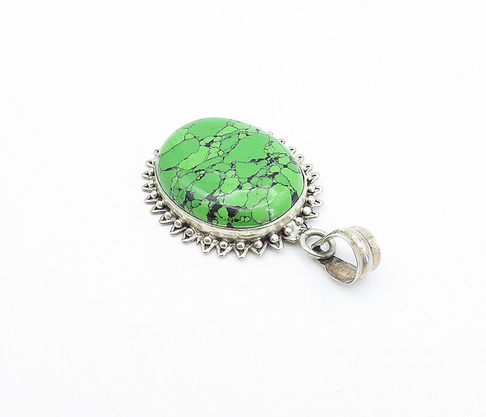 925 Sterling Silver  Vintage Cabochon Cut Green Howlite Drop Pendant  PT2541