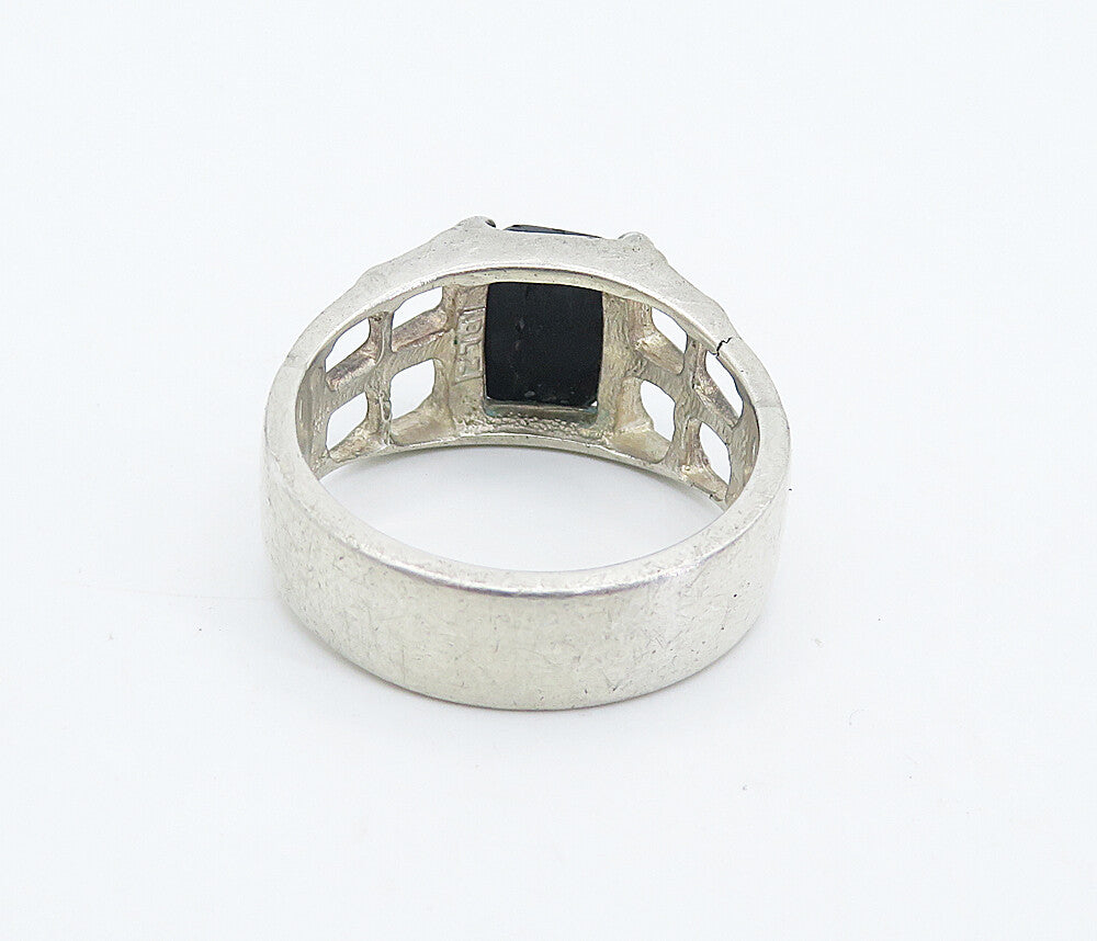 925 Sterling Silver  Vintage Black Onyx Square Cutout Band Ring Sz 10.5 RG8355
