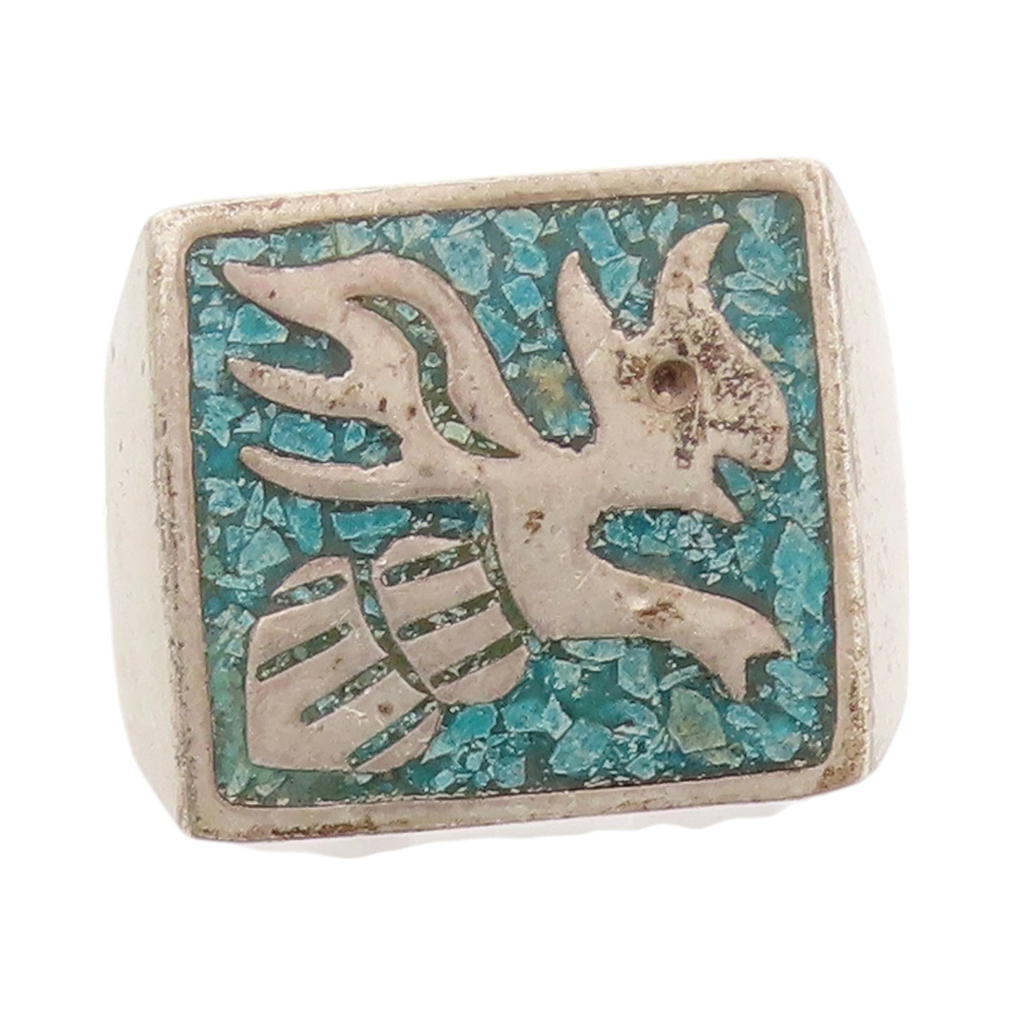925 Sterling Silver Vintage Ring Crushed Turquoise Flying Bird  Sz 9  RG33282