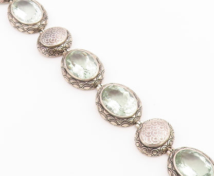 925 Sterling Silver Vintage Bracelet Green Amethyst Etched Oval Link  BT12188