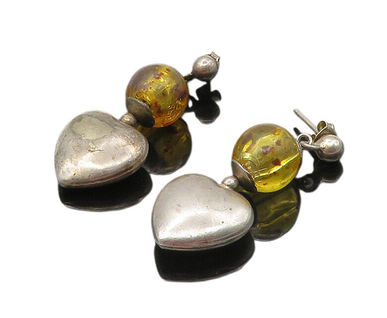 925 Sterling Silver  Vintage Amber Ball Bead Love Heart Drop Earrings  EG8885