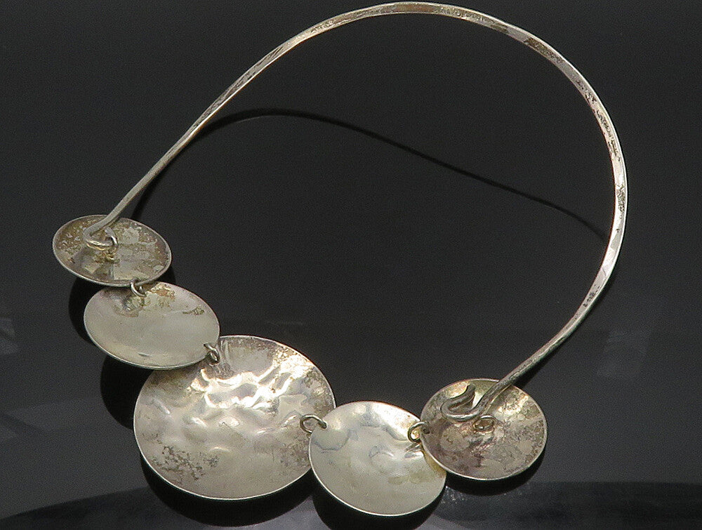 DESIGNER 925 Silver  Vintage Graduated Hammered Circle Collar Necklace  NE3809
