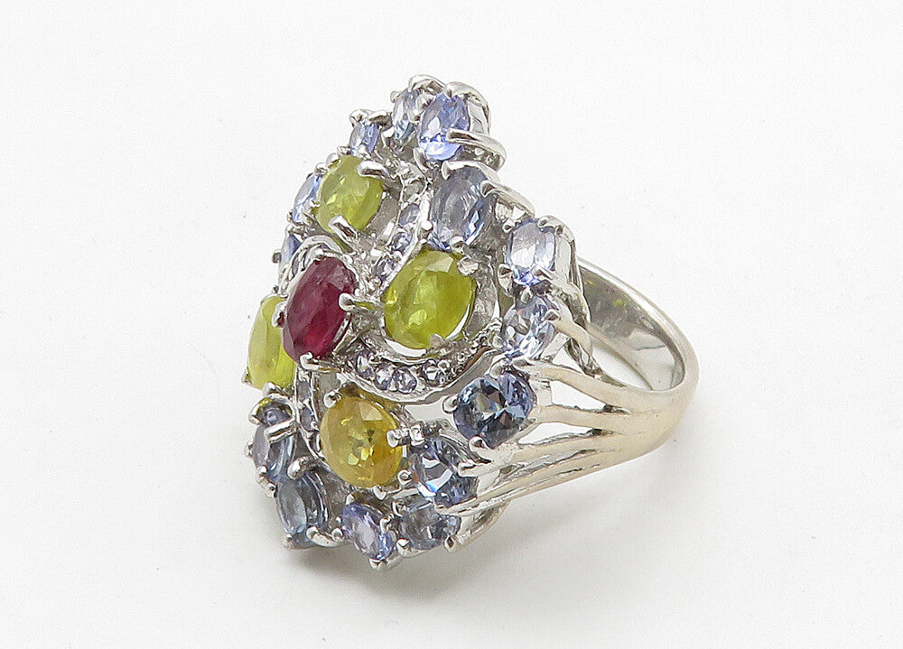 925 Sterling Silver Multi Color Topaz Floral Cocktail Ring Sz 9 RG10521