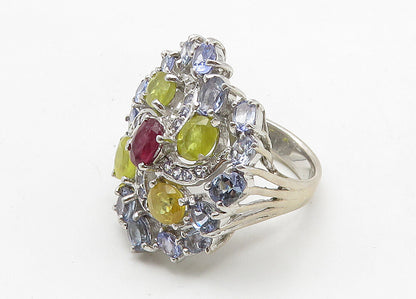 925 Sterling Silver Multi Color Topaz Floral Cocktail Ring Sz 9 RG10521