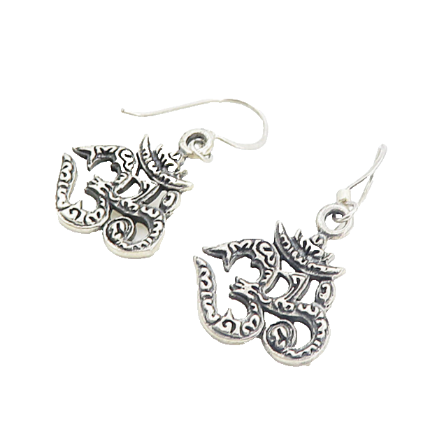 925 Sterling Silver  Vintage Om Spiritual Symbol Dangle Earrings  EG3495