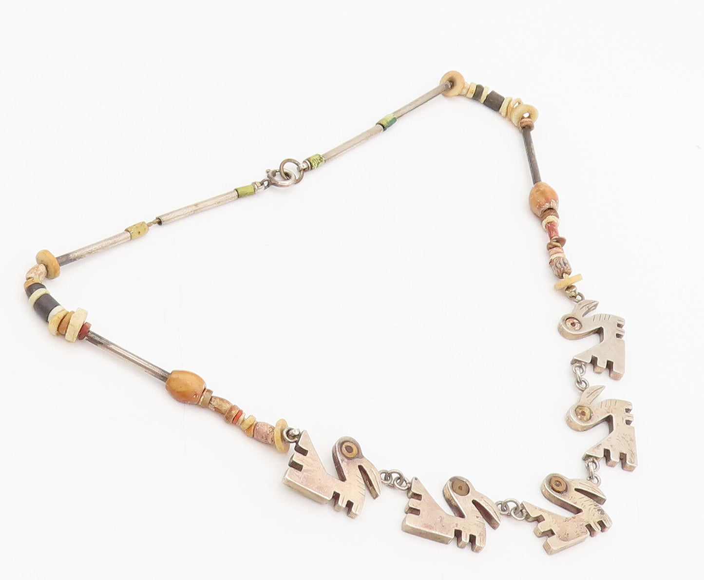925 Sterling Silver  Vintage Wooden Beaded & Swimming Swans Necklace  NE4033
