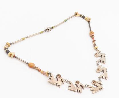 925 Sterling Silver  Vintage Wooden Beaded & Swimming Swans Necklace  NE4033
