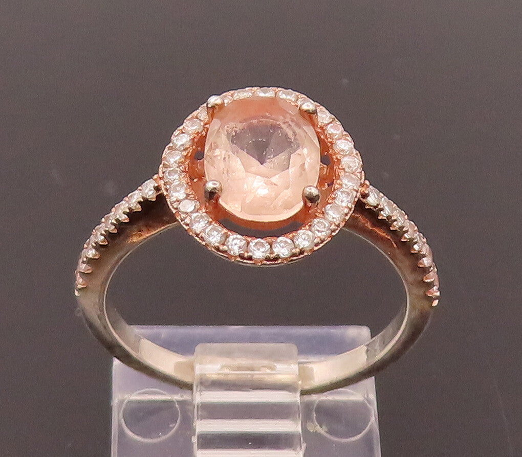 925 Sterling Silver  Vintage Rose Quartz Halo CZ Ring Sz 6.5  RG26586