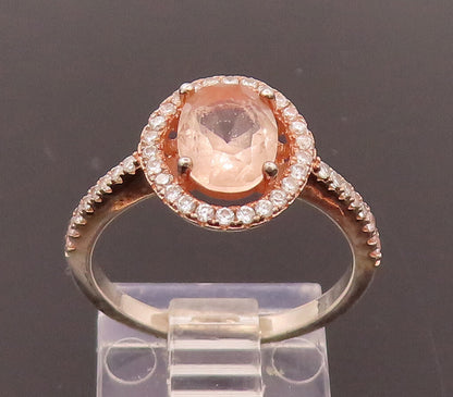 925 Sterling Silver  Vintage Rose Quartz Halo CZ Ring Sz 6.5  RG26586