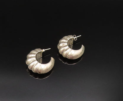 925 Sterling Silver  Vintage Hollow Half Ribbed Hoop Earrings  EG11912