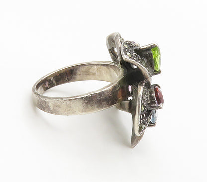 925 Silver Vintage Amethyst & Multi Stone Flower Cocktail Ring Sz 6 RG15121