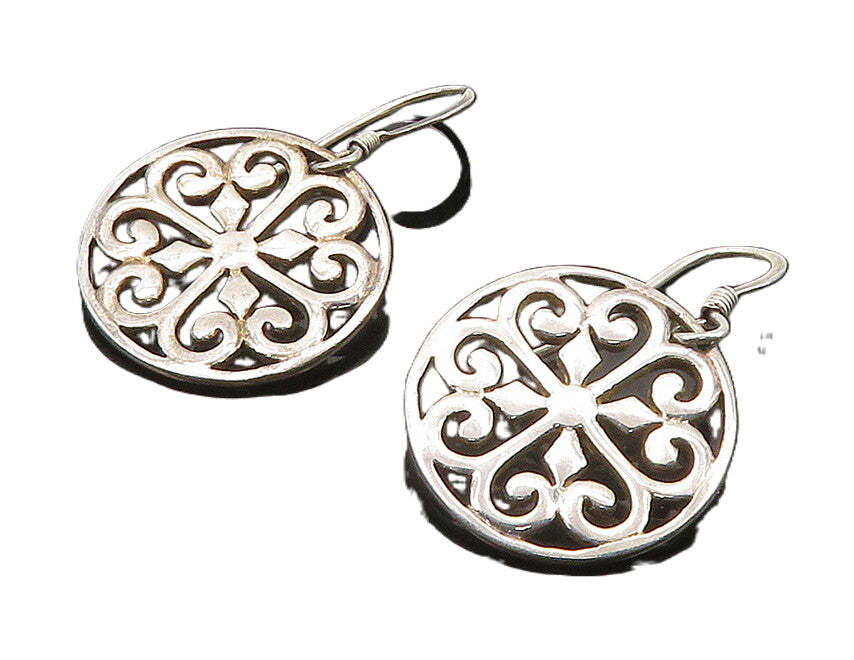 925 Silver  Vintage Love Heart Pattern Floral Motif Dangle Earrings  EG11522