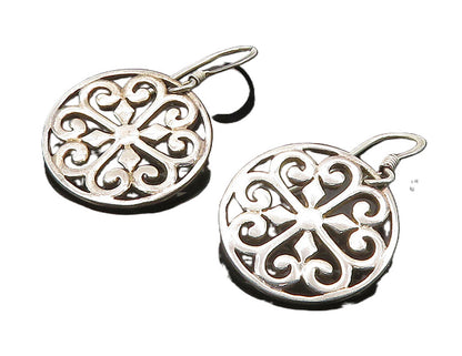 925 Silver  Vintage Love Heart Pattern Floral Motif Dangle Earrings  EG11522