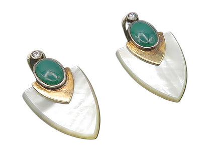 925 Silver & 9K GOLD  Vintage Mother Of Pearl Non Pierce Drop Earrings  EG9173
