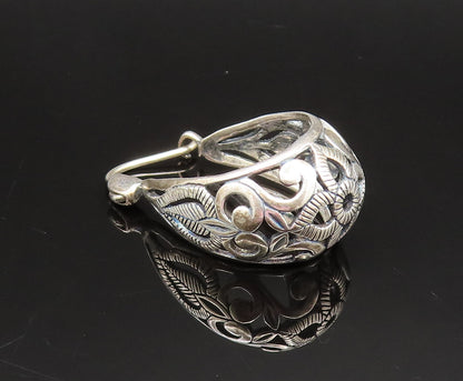 925 Sterling Silver  Vintage Etched Open Scroll Oval Hoop Earrings  EG11911