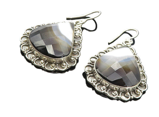 925 Sterling Silver  Vintage Faceted Agate Bordered Dangle Earrings  EG3363