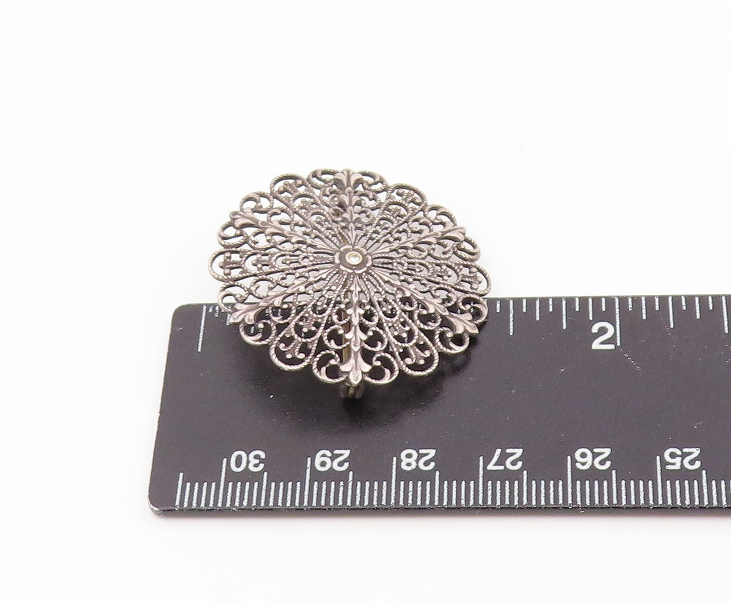 925 Sterling Silver Vintage Brooch Pin Topaz Intricate Floral Filigree  BP12384