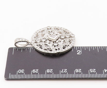 925 Sterling Silver  Vintage Cubic Zirconia Floral Vine Round Pendant  PT14435