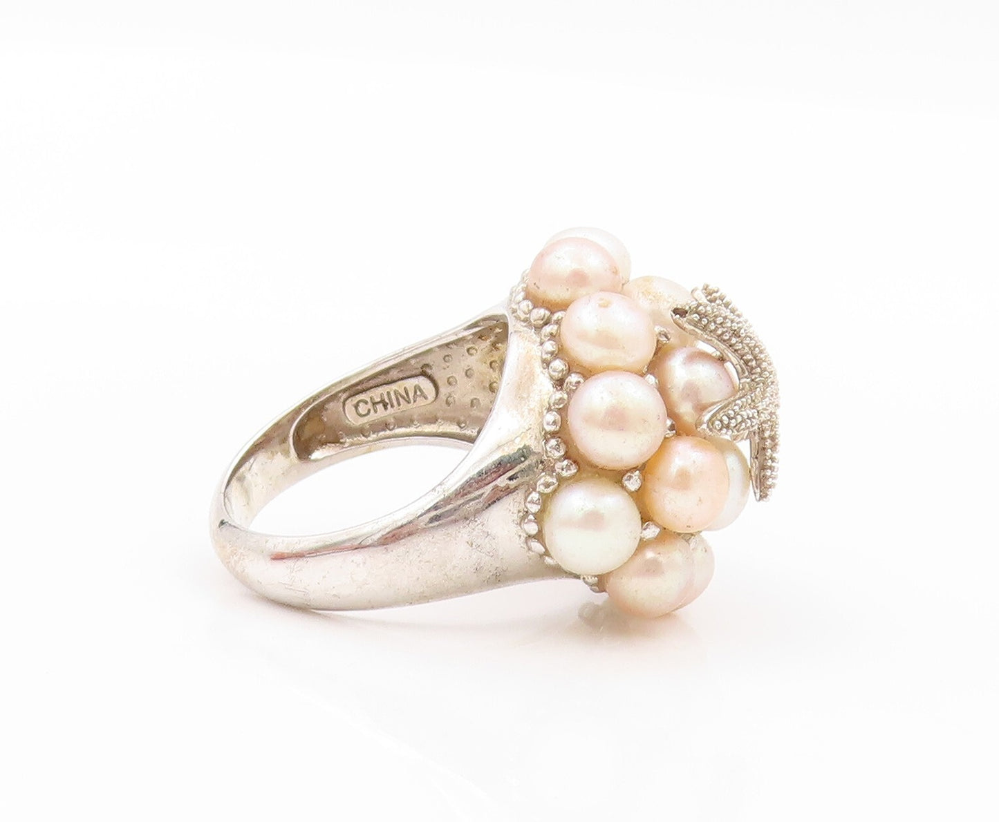 925 Sterling Silver Vintage Ring Designer Pearls Cluster Starfish  SZ 9  RG31940