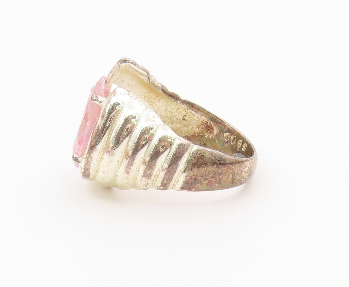 925 Sterling Silver Vintage Ring Pink Topaz Ribbed Statement Band Sz 7.5 RG36568
