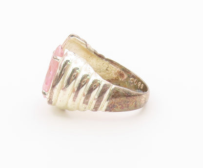 925 Sterling Silver Vintage Ring Pink Topaz Ribbed Statement Band Sz 7.5 RG36568
