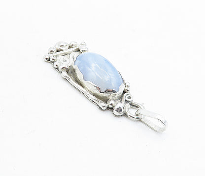 925 Sterling Silver  Vintage Cabochon Cut Blue Agate Sculpted Pendant  PT3453