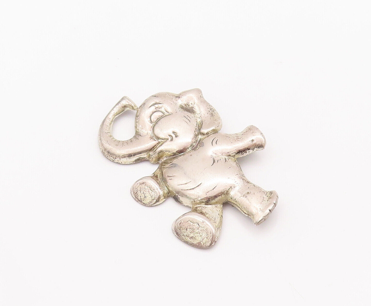 925 Sterling Silver Vintage Brooch Pin Carved Happy Walking Elephant  BP10837