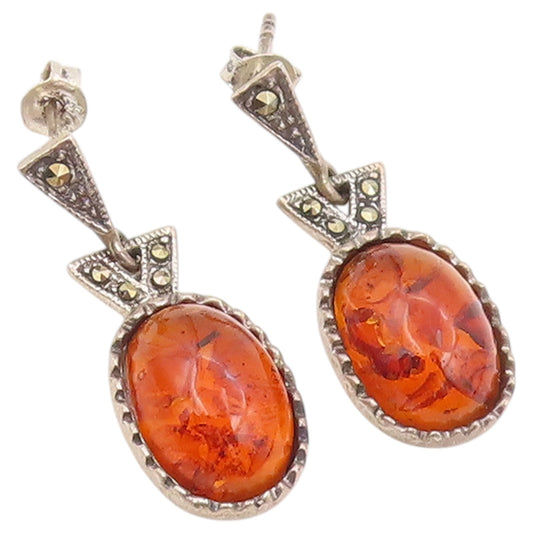 925 Sterling Silver Vintage Earrings Oval Honey Amber & Marcasite Drop  EG14450