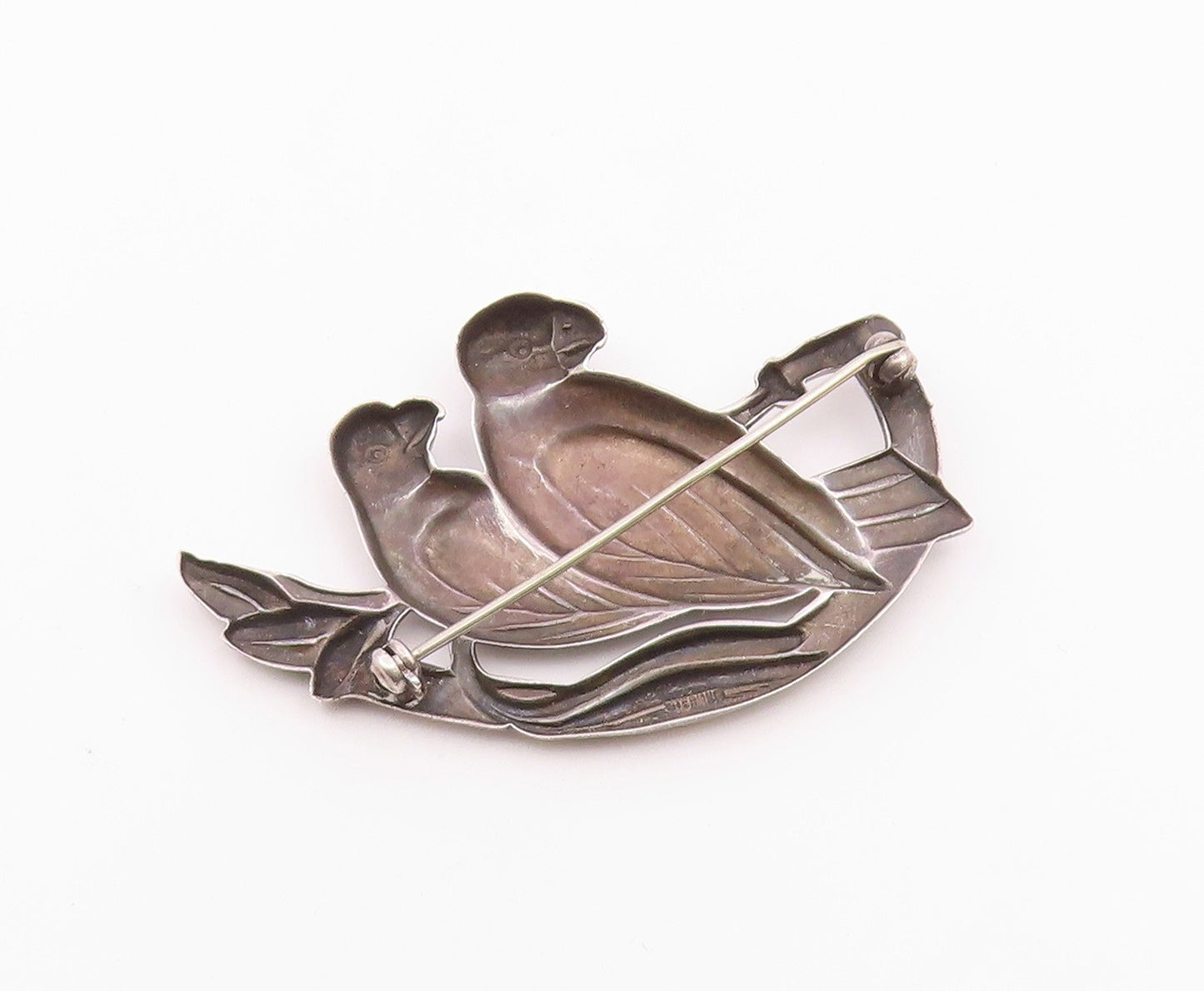 925 Sterling Silver  Vintage Shiny Love Birds On Branch Brooch Pin  BP9153