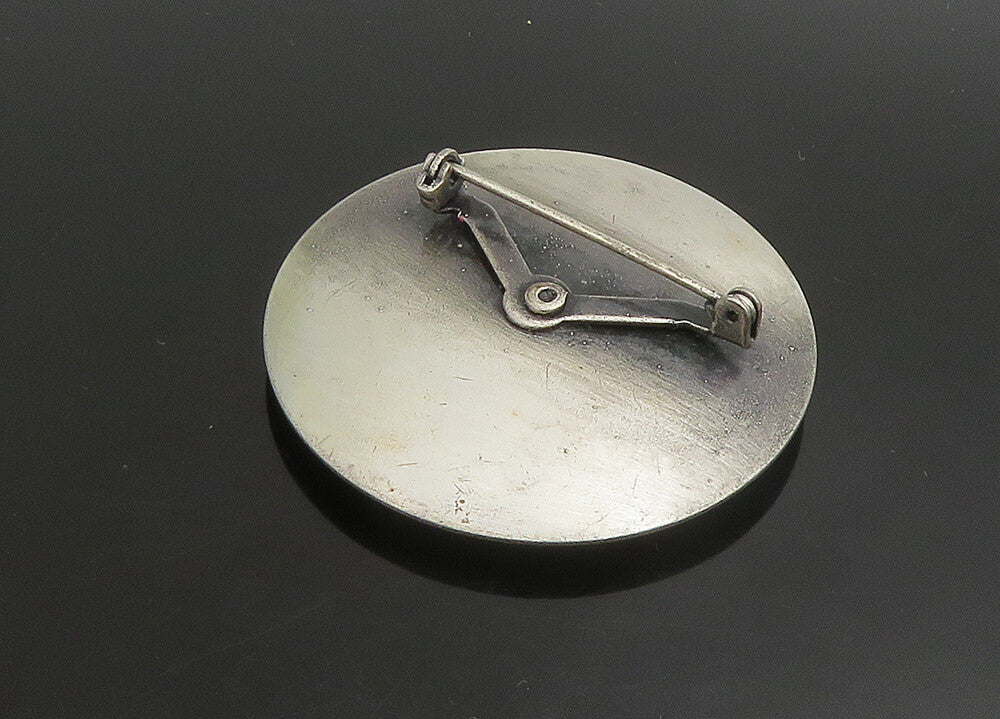925 Sterling Silver  Vintage Green Enamel Art Smooth Oval Brooch Pin  BP9043