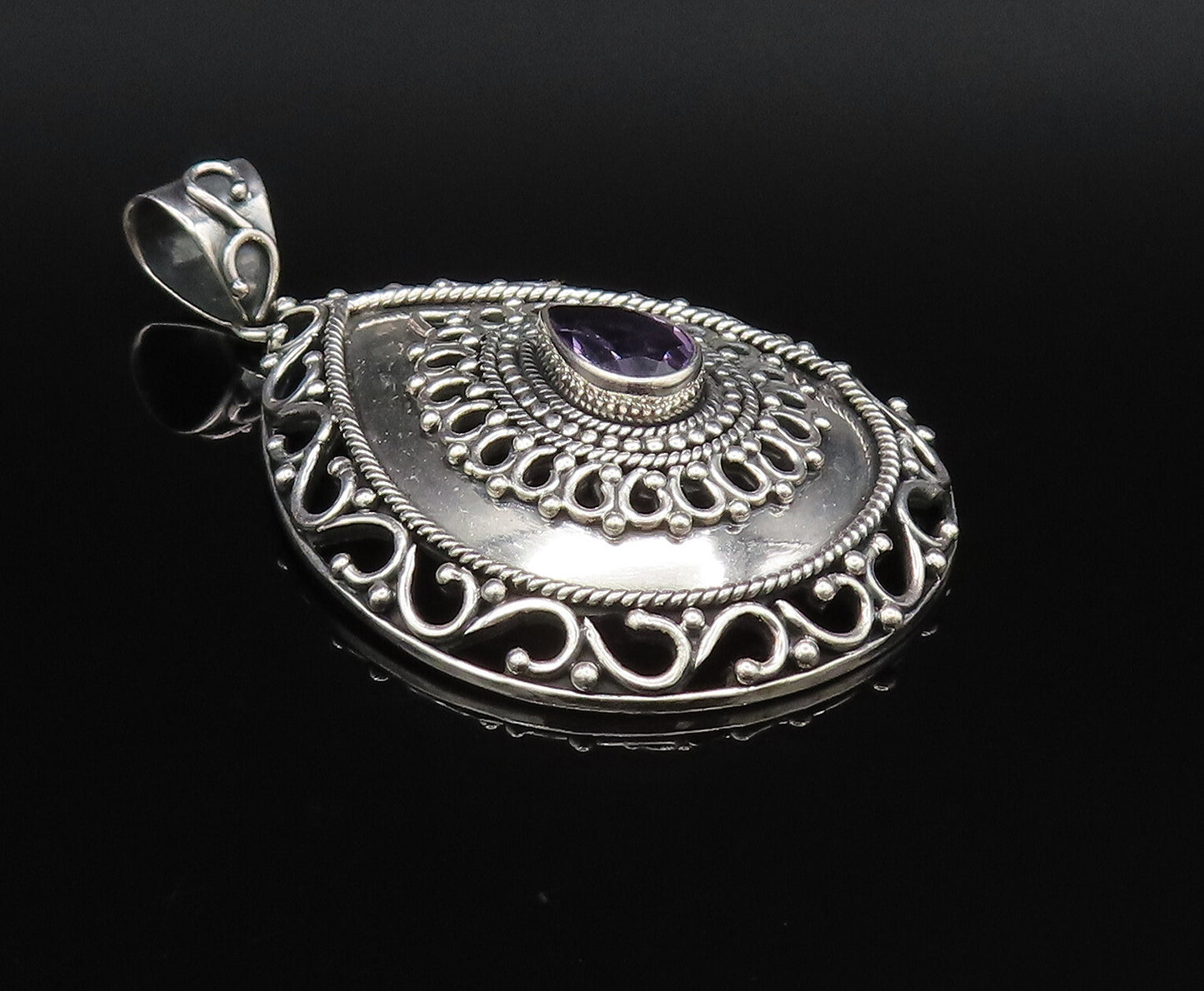 925 Sterling Silver  Vintage Openwork Pear Shaped Amethyst Pendant  PT21715