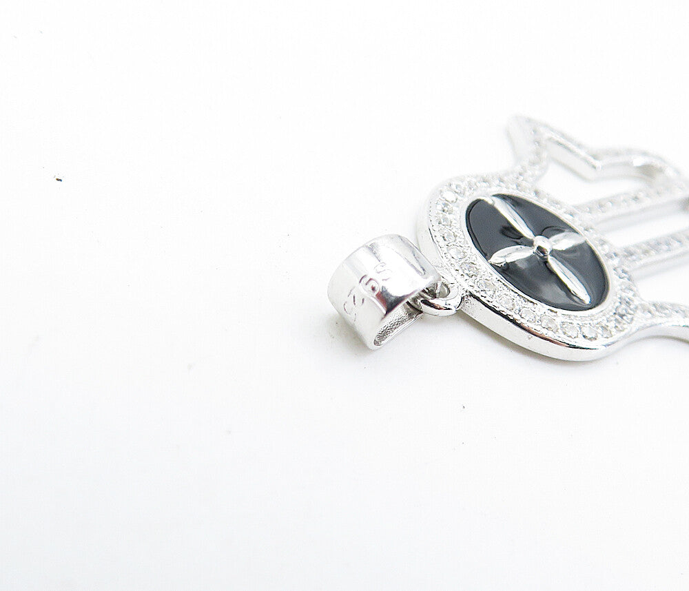 925 Sterling Silver  Shiny Topaz & Enamel Detail Open Hamsa Pendant  PT5567
