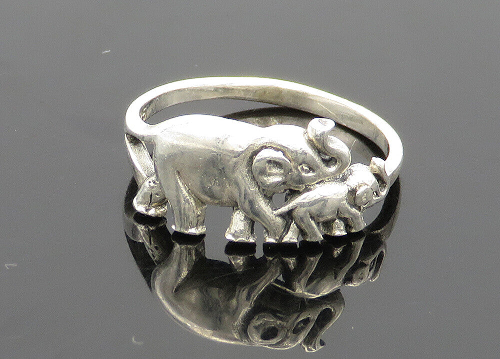 925 Sterling Silver  Vintage Shiny Elephant Mom & Baby Band Ring Sz 5  RG20988
