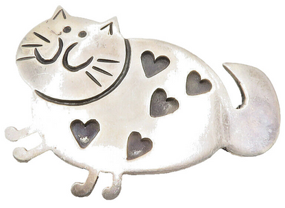 925 Sterling Silver  Vintage Oxidized Love Heart Spotted Cat Brooch Pin BP4661