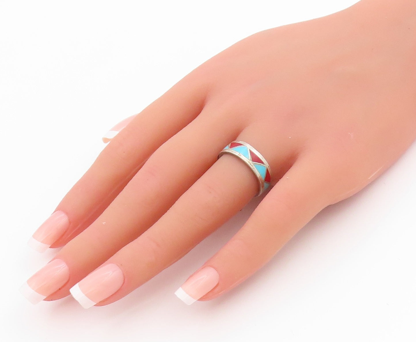 925 Sterling Silver Vintage Ring Triangle Larimar & Gemstone Inlay Sz 7  RG33185
