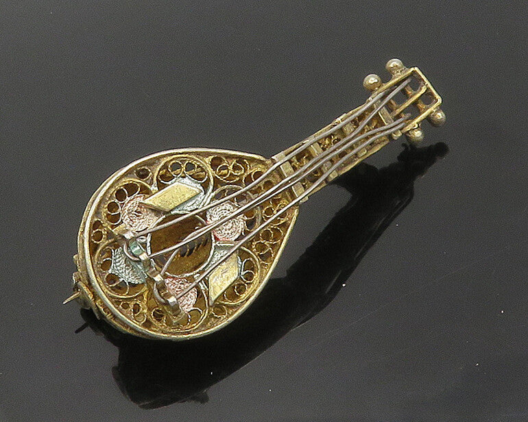 925 Sterling Silver  Vintage Antique Filigree Banjo Motif Brooch Pin  BP7079