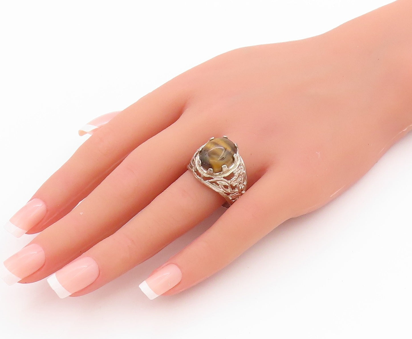 925 Sterling Silver Vintage Ring Floral Cutout Oval Tiger's Eye  Sz 11  RG33334