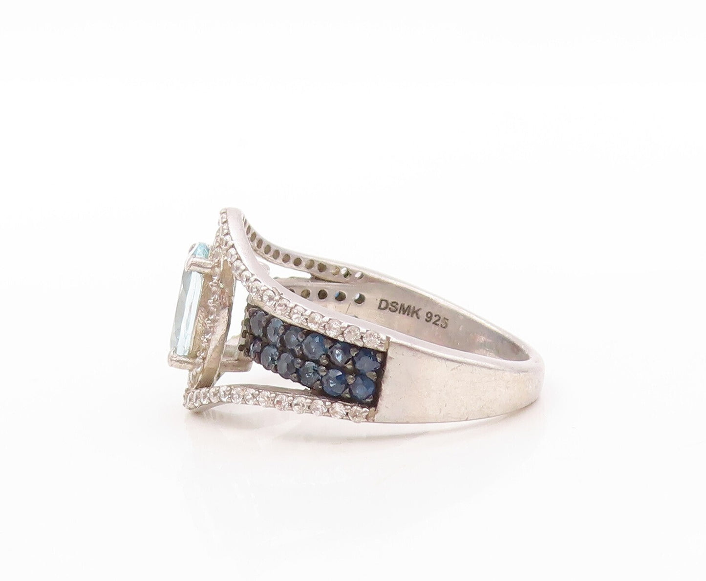 925 Sterling Silver Vintage Ring Cutout Blue & White Topaz Sapphire Sz 7 RG30842