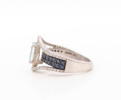 925 Sterling Silver Vintage Ring Cutout Blue & White Topaz Sapphire Sz 7 RG30842