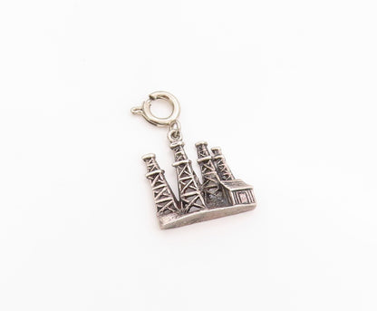 925 Sterling Silver Vintage Pendant Etched Miniature Oil Boom Town Charm PT24814