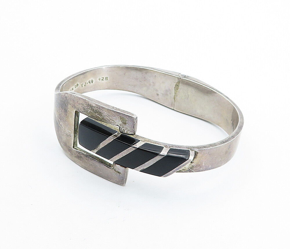 MEXICO 925 Silver  Vintage Inlaid Black Onyx Buckle Bangle Bracelet  BT2022