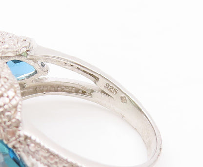 925 Sterling Silver Vintage Ring Large Green Topaz & Blue Sapphire RG31934