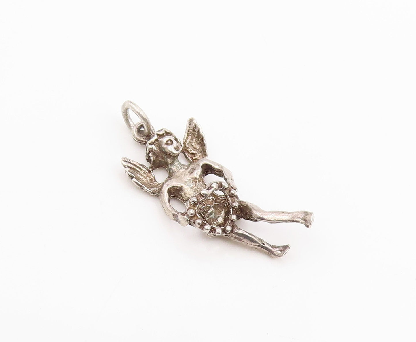 925 Sterling Silver Vintage Pendant Winged Cupid With Love Heart Charm  PT25956
