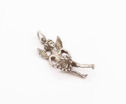 925 Sterling Silver Vintage Pendant Winged Cupid With Love Heart Charm  PT25956