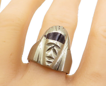 MEXICO 925 Silver  Vintage Black Onyx Sculpted Face Band Ring Sz 12  RG4212